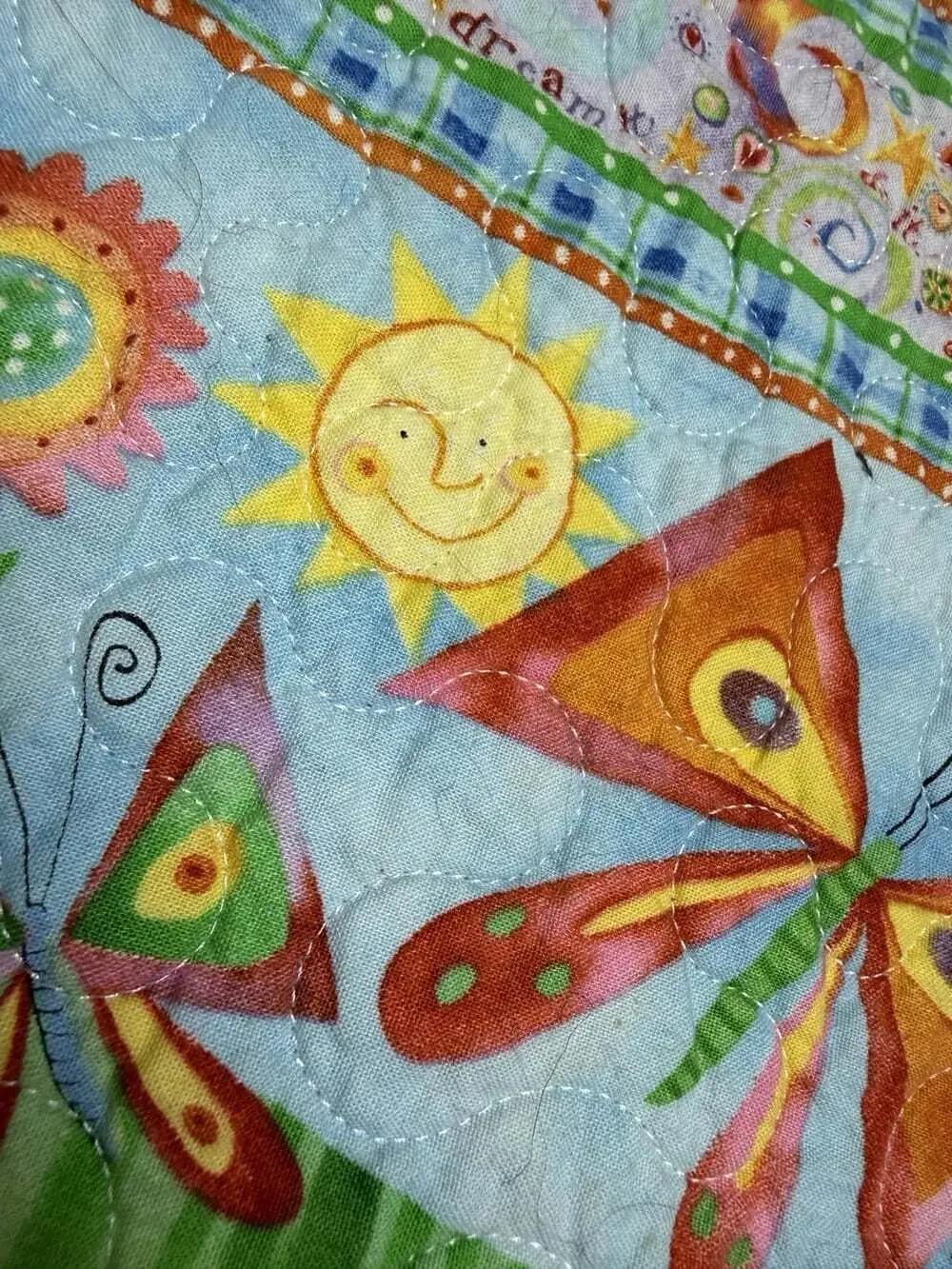 Handmade Baby/Toddler Quilt.  50”x39” Butterflies, Sunshine, multi-color